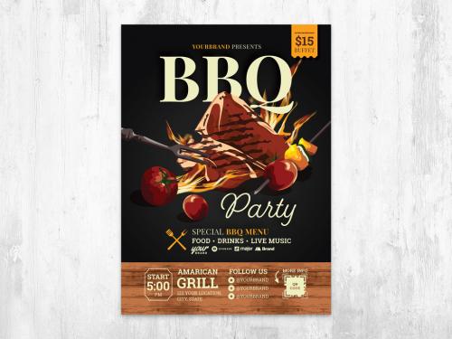 BBQ Cookout Flyer Layout with Barbecue Meat Grilled Vector - 436892168