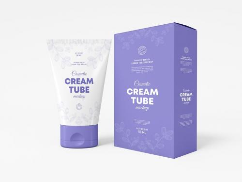 Cosmetic Cream Tube with Box Packaging Mockup Set