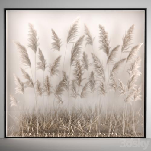 Phytomodule, phytobox and a vertical garden of dried flowers in a niche behind translucent glass cortaderium. Bouquet 281.