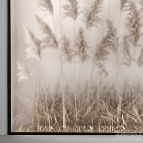 Phytomodule, phytobox and a vertical garden of dried flowers in a niche behind translucent glass cortaderium. Bouquet 281.