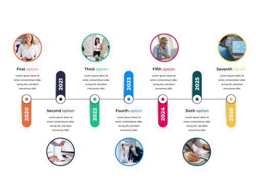 Horizontal Timeline Layout with Colored Labels and Photo Placeholders - 437453060