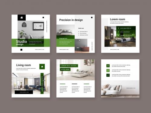 Real Estate Social Media Post Layouts with Green Accents - 437453079