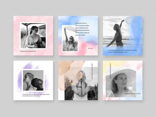 Watercolor Social Media Layouts with Photo Placeholders - 437453163