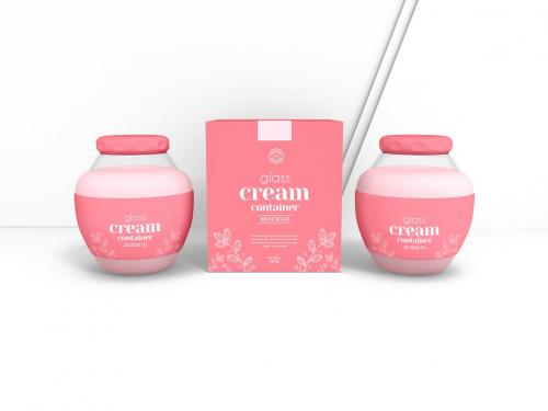 Glass Cosmetic Cream Jar with Box Mockup Set