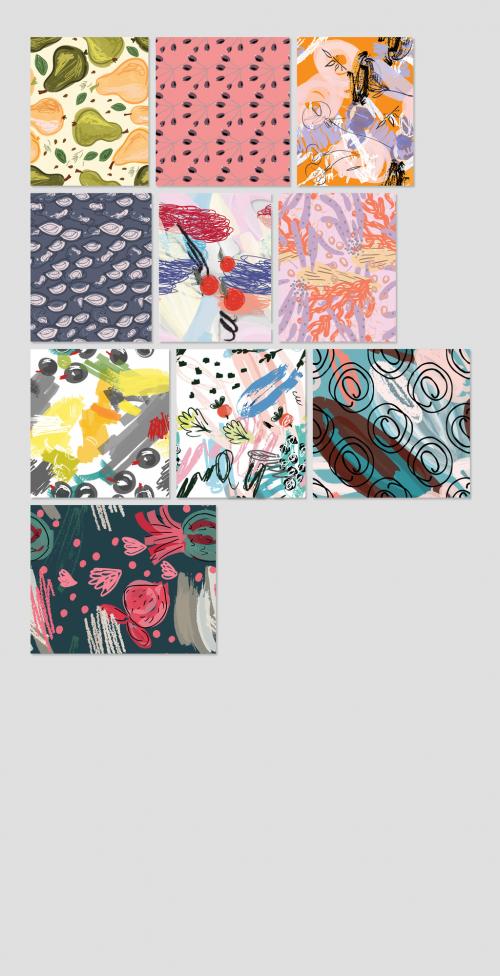 Seamless Pattern Collection with Hand Drawn Rough Abstract Strokes and Floral Elements - 438534874