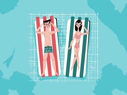 Illustration Spring Break Mid Century Design Couple Sunbathing - 438720198