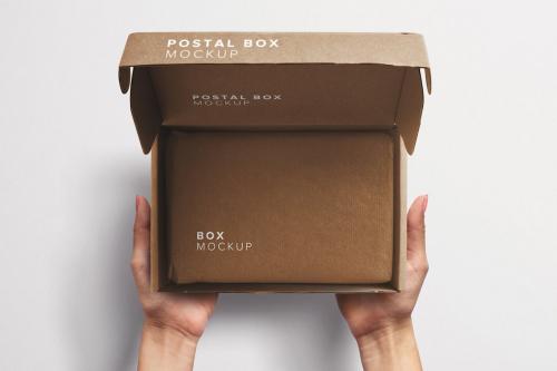 Hands Holding Opened Postal Box Mockup