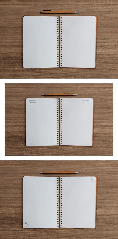 Opened Notebook Pages Mockup on Wooden Background - 441407840