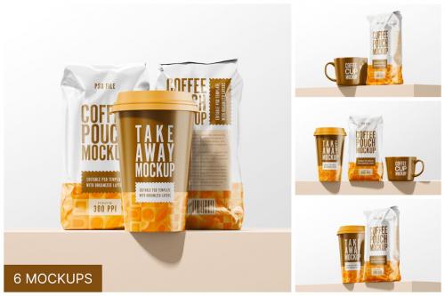 Coffee Bag With Take Away Cup Mockup Set