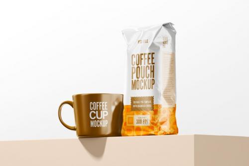 Coffee Bag With Take Away Cup Mockup Set