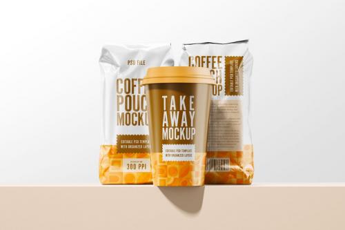 Coffee Bag With Take Away Cup Mockup Set