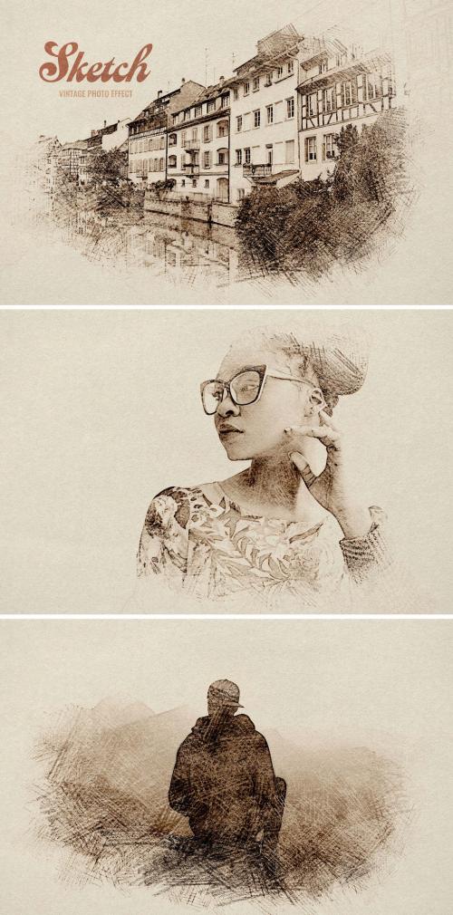 Vintage Pencil Sketch Photo Effect Mockup - 441683225