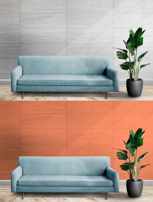 Wall Mockup with Blue Sofa in Living Room - 442162616