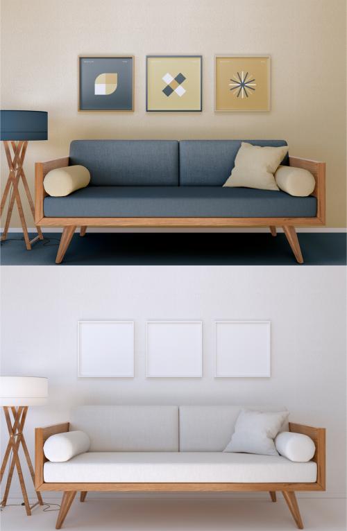 three Frames in Living Room Mockup - 442175971