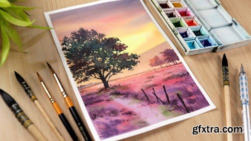 Watercolor Sunset Painting: Learn to Paint Pink Sunset and Tree