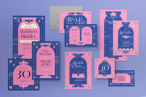 Pink Art Deco Wedding Invitation Set