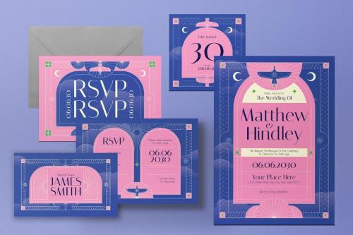 Pink Art Deco Wedding Invitation Set