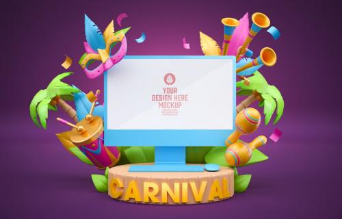 Computer screen with Carnival ornaments Mockup