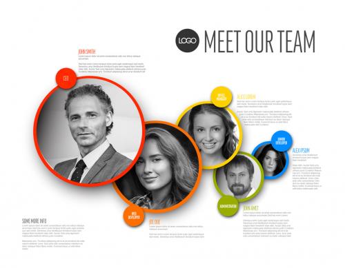 Company Team Color Presentation Layout with Black and White Photos in Circles - 442423019