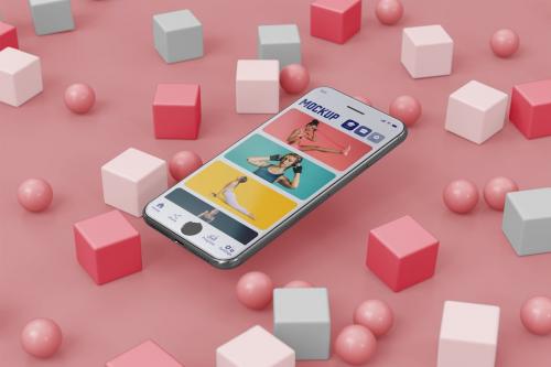 Scene with Mobile and Colorful Cubes Mockup