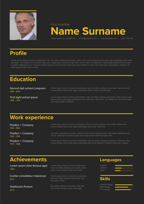 Minimalist Dark Resume CV Layout with Photo and Yellow Accent - 442423052