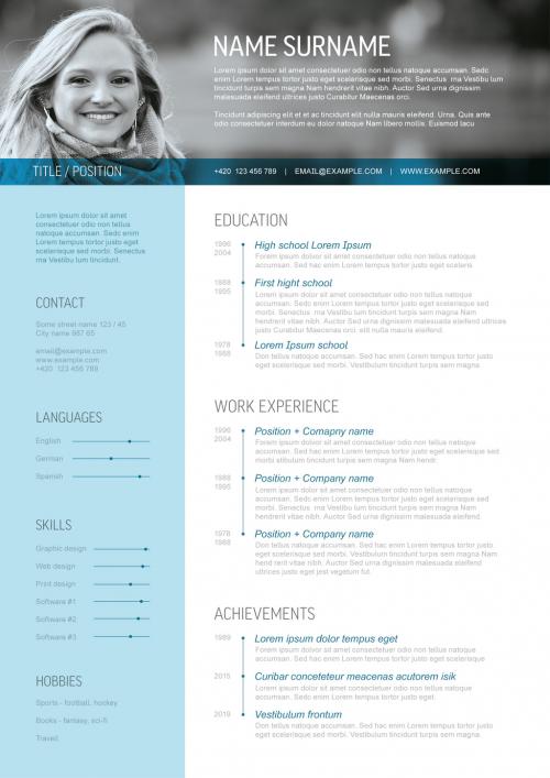 Minimalist Resume CV Layout with Photo Header and Blue Accent - 442423053