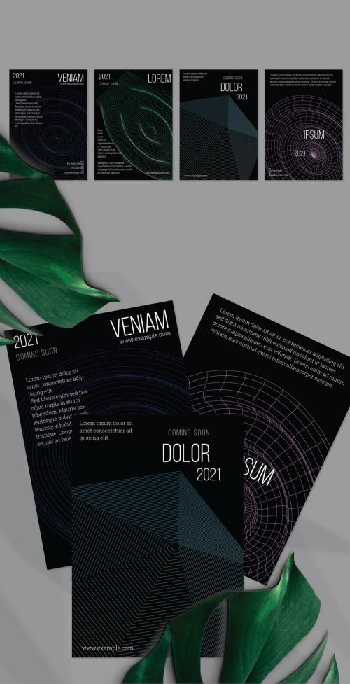 Flyer Layout with Geometric Wireframe Shapes on Black - 442563924