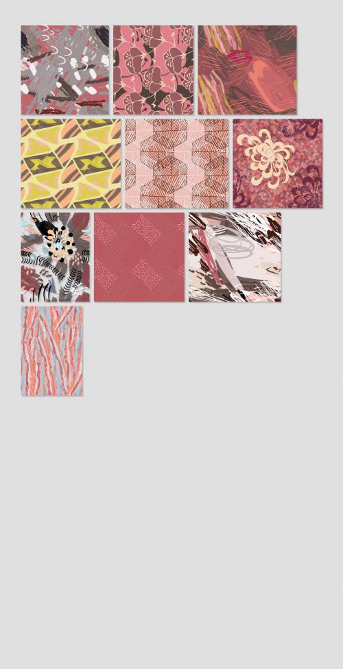 Seamless Pattern Collection with Hand Drawn Rough Abstract Strokes and Floral Elements - 442564073