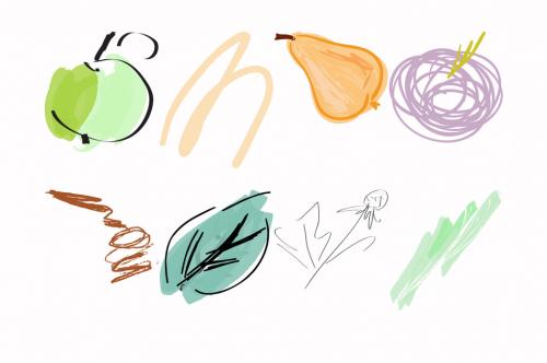 Set of Artistic Hand Drawn Fruits Flowers and Scribbles - 442564075