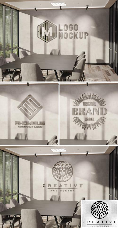 Logo Mockup on Office Wall with 3D Glossy Metal Effect - 442599736