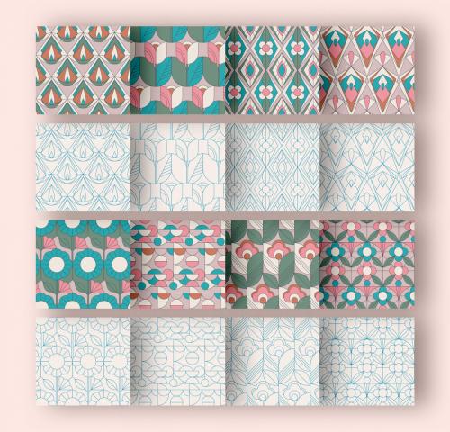 Seamless Pattern Set with Retro Flowers and Geometric Elements - 442974715