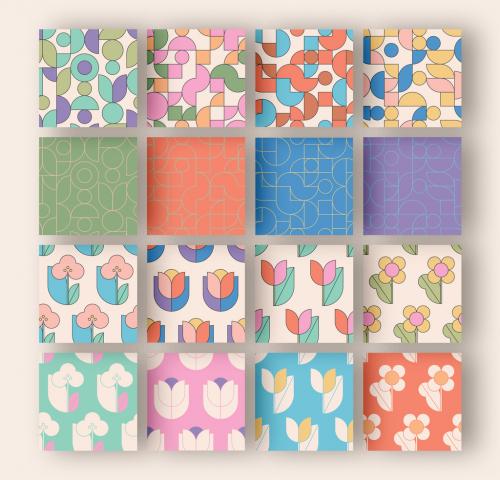 Seamless Pattern Set with Retro Flowers and Geometric Elements - 442974726