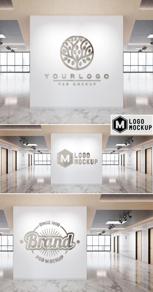 Logo Mockup on Office Wall with 3D Reflective Effect - 445636942