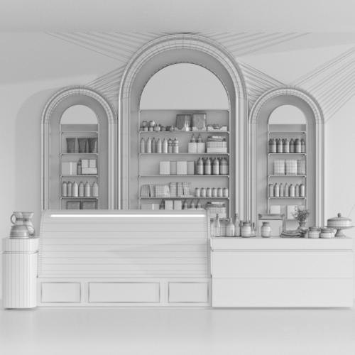 Design project of a coffee house in a classic style with a showcase with desserts and sweets