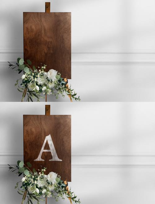 Wedding Sign Mockup in Wooden Texture with Flowers - 445639492