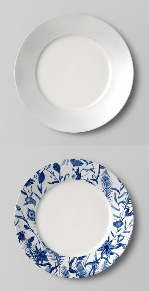 Editable Porcelain Plate Mockup with Blue Flower Pattern - 447310444