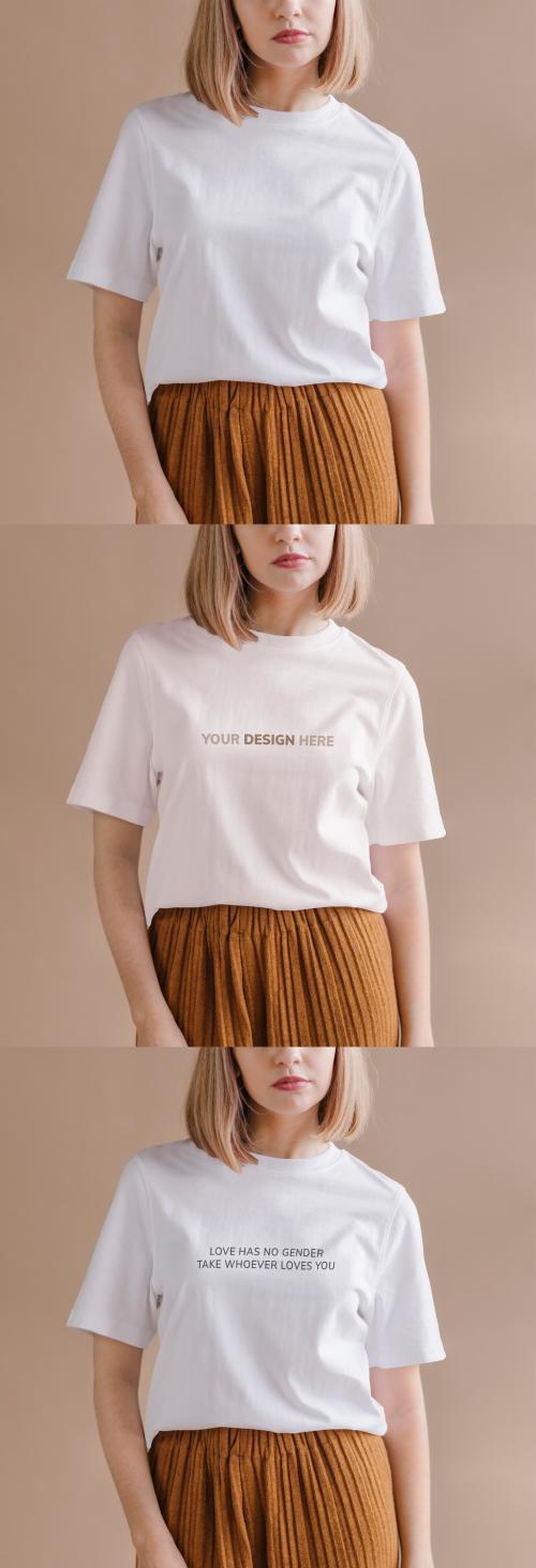 Woman in a White Tee Mockup - 447310498