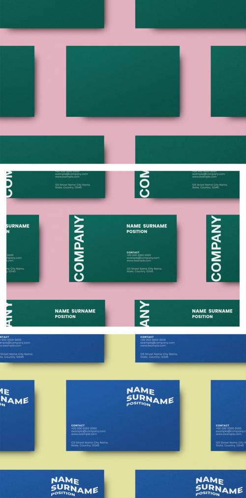 Green Business Card Mockup Set in Flatlay - 447779473