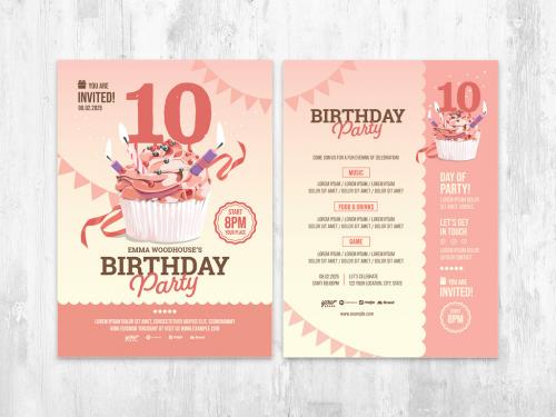 Pink Birthday Party Invitation Flyer with Cupcake Muffin Illustrations - 447925454