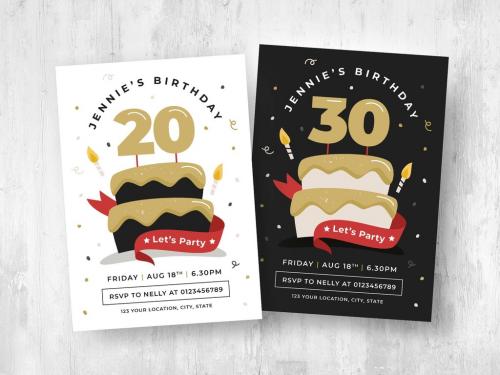 Birthday Party Flyer with Cake Illustration - 447925463