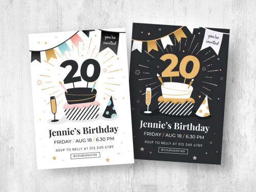 Illustrated Birthday Party Flyer Card with Cake and Champagne Illustrations - 447925470