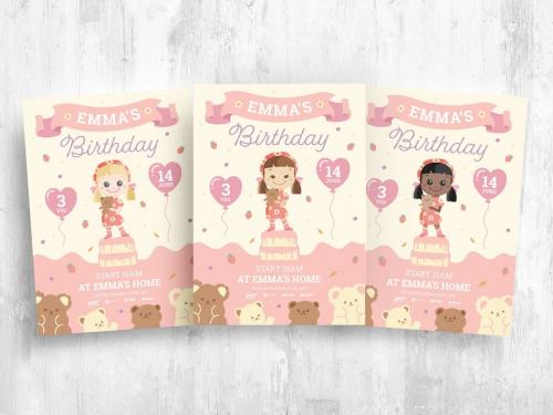 Pink Girls Birthday Flyer Card with Character Illustration - 447925486