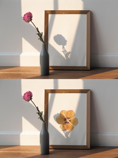 Dried Pink Peony Flower in a Gray Vase by a Frame Mockup - 448601924