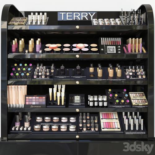 Rack with a set of professional cosmetics in a beauty salon. Make up