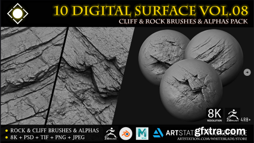 Artstation – 10 Digital Surface Rock & Cliff Brushes & Alphas Vol.08 - ZBrush/Blender/Mudbox/3dcoat