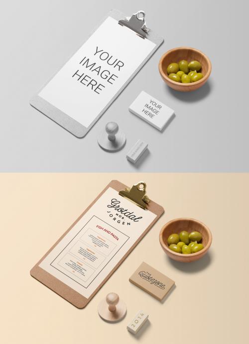 Menu with Business Cards and Stamps Mockup - 450526615