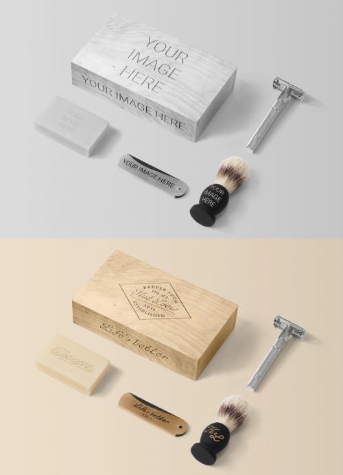 Wodden Box with Soap and Shaving Brush Mockup - 450526616