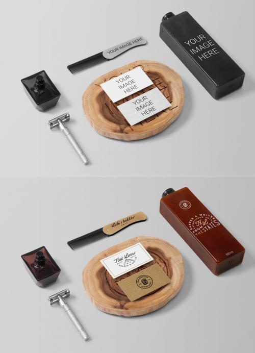 Business Cards with Rectangle Bottle and Comb Mockup - 450526617