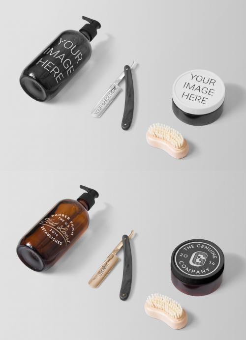 Dispenser Bottle with Razor and Jar Mockup - 450526620