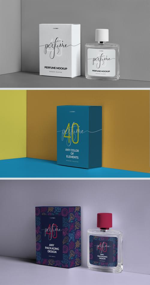 3 Mockup Boxes and Bottles of Perfume on Isometric Background - 451246214